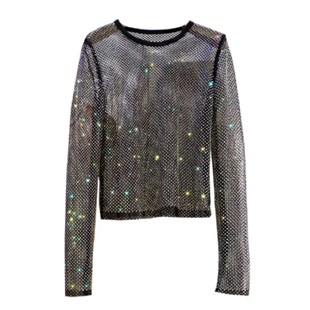 Hot Rhinestone Round Neck Starlight Hollow Shiny Shirt Lady Top Mesh Beach Party - Picture 1 of 4